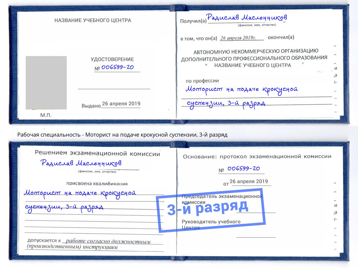 корочка 3-й разряд Моторист на подаче крокусной суспензии Белебей