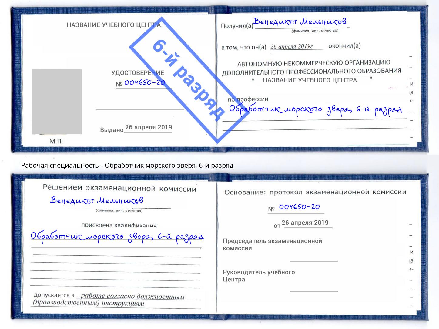 корочка 6-й разряд Обработчик морского зверя Белебей