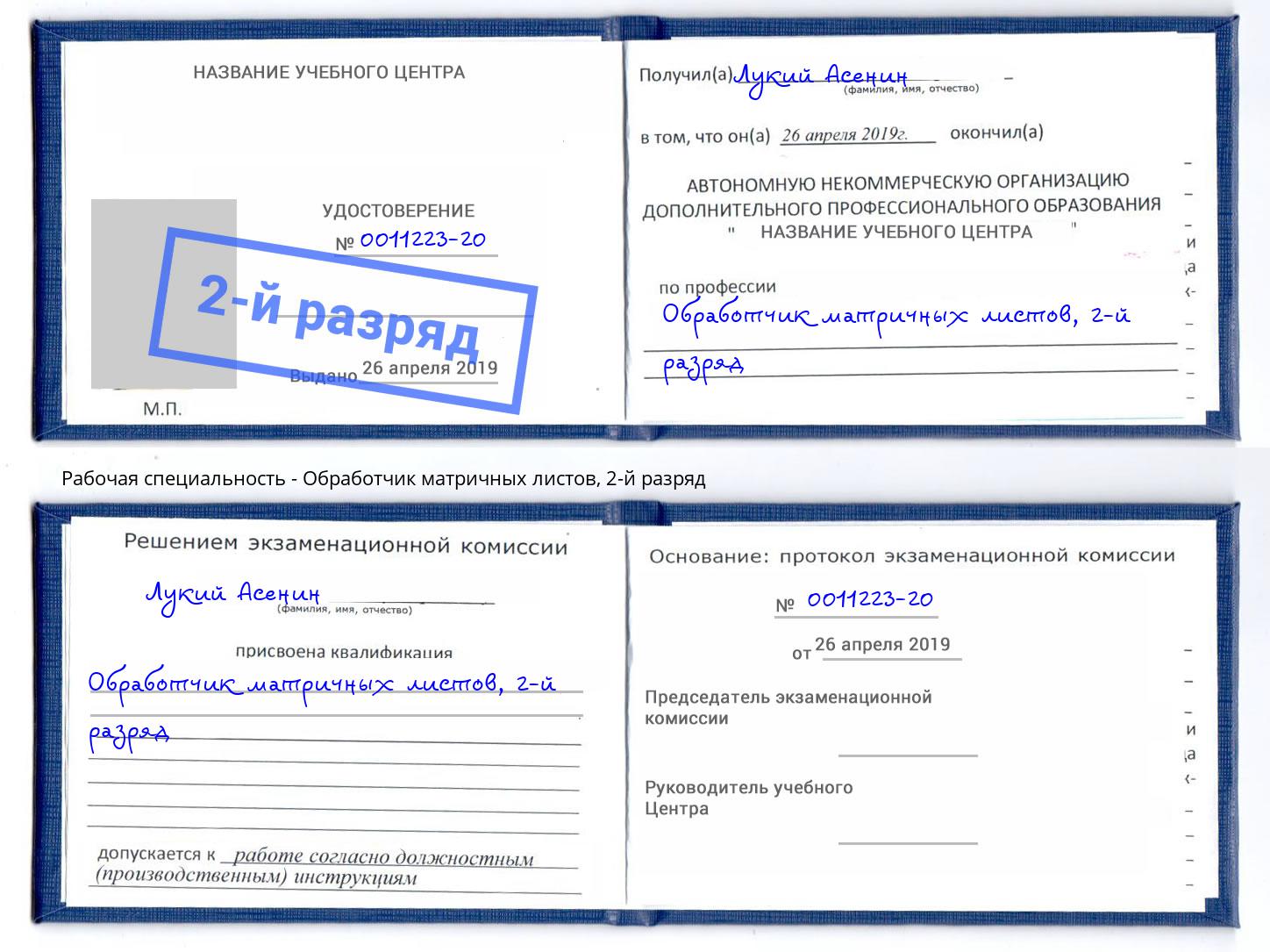 корочка 2-й разряд Обработчик матричных листов Белебей